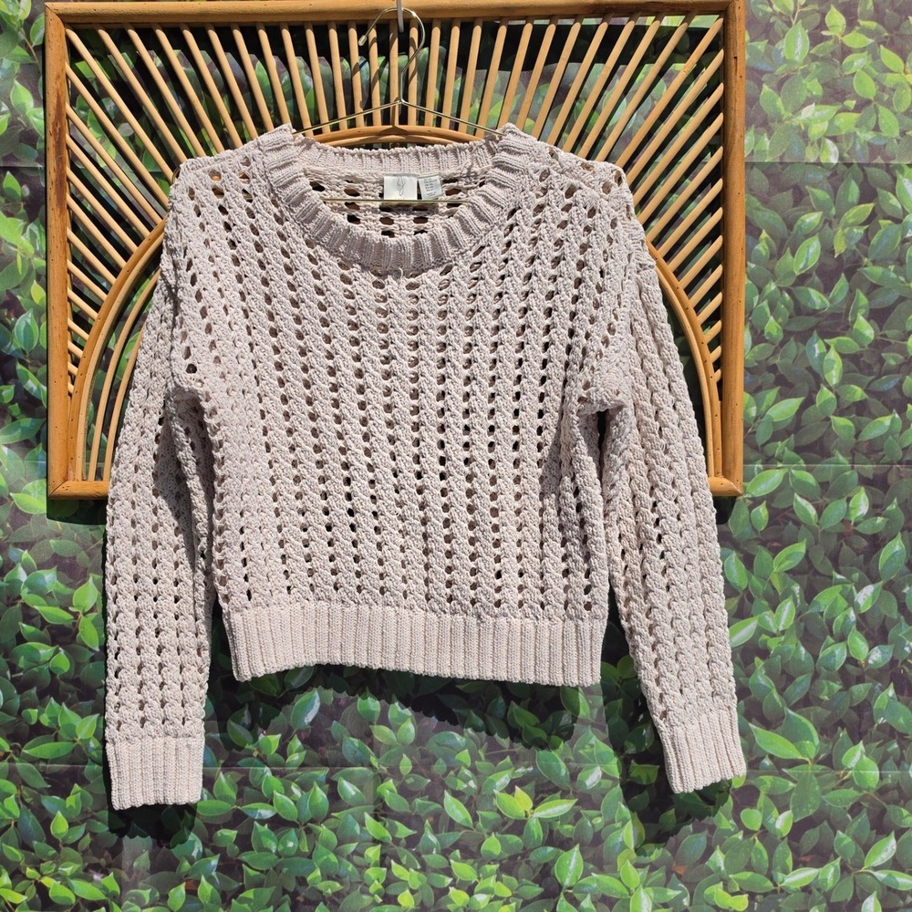 Joie Womens XS Open Knit Crochet Sweater Cream Long Sleeve Crew Neck Ribbed Trim
